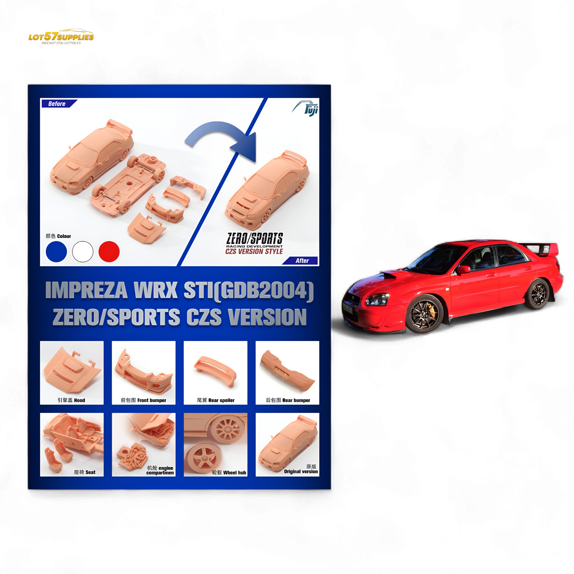 Red 1:64 scale Subaru Impreza WRX STi diecast model by Lot57Supplies, detailed miniature car for collectors and enthusiasts.