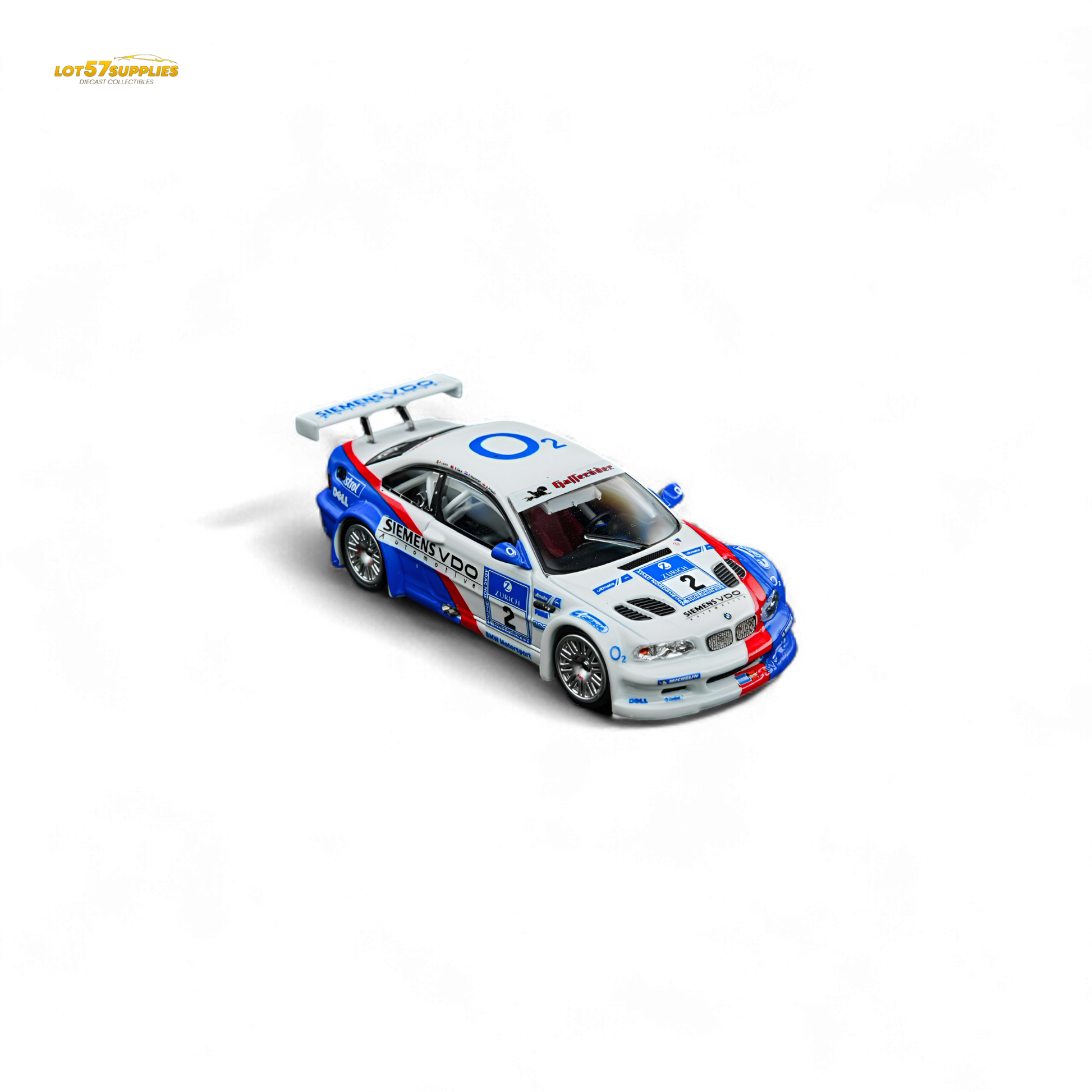 Diecast BMW M3 GTR E46 model by Lot57Supplies, Siemens 2 1:64 scale, detailed miniature car on display.
