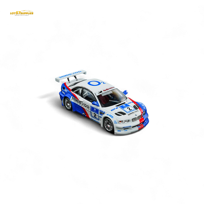 Diecast BMW M3 GTR E46 model by Lot57Supplies, Siemens 2 1:64 scale, detailed miniature car on display.