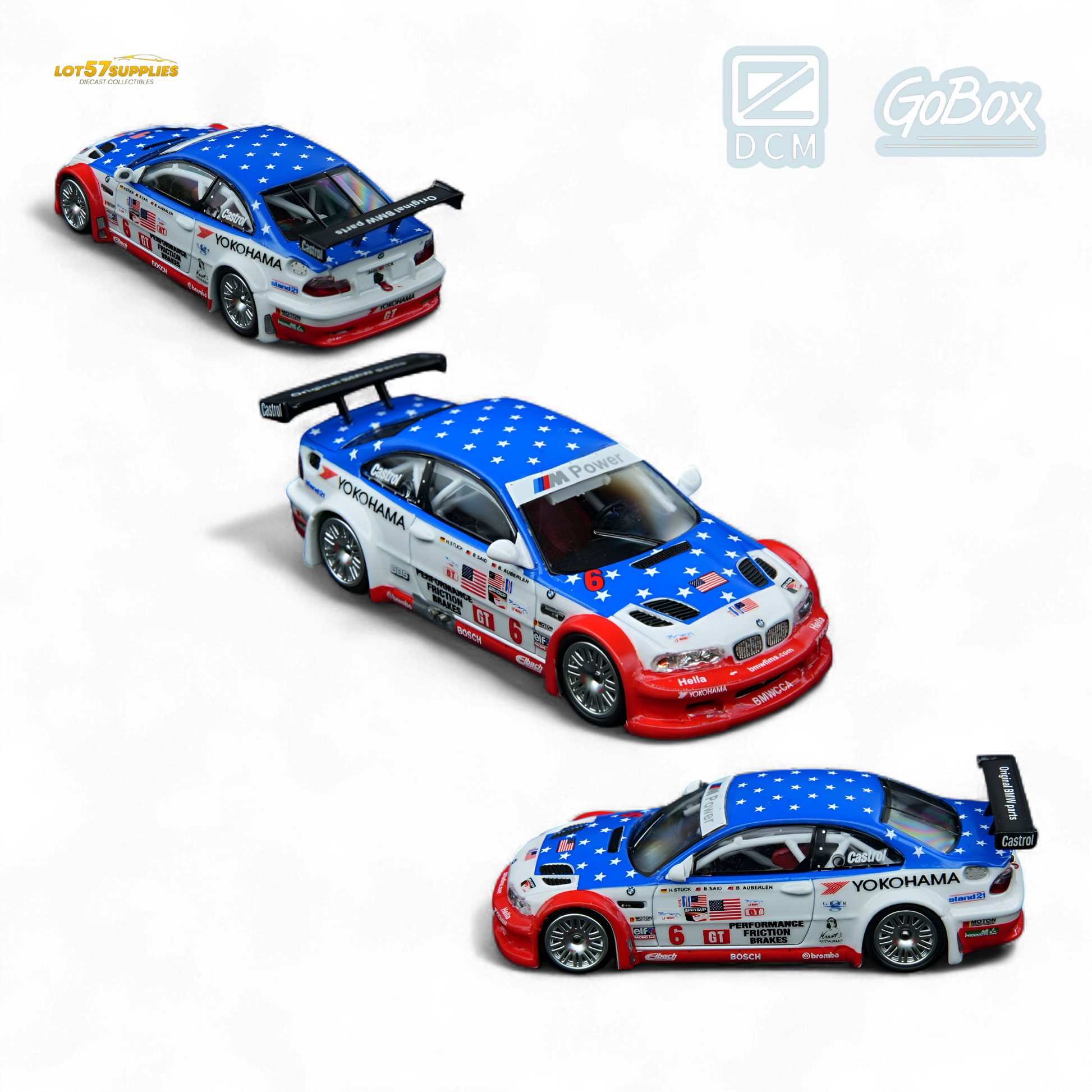 Diecast BMW M3 GTR E46 model by Lot57Supplies, featuring Yokohama tires, in 1:64 scale, detailed miniature collectible.