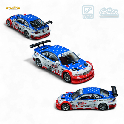 Diecast BMW M3 GTR E46 model by Lot57Supplies, featuring Yokohama tires, in 1:64 scale, detailed miniature collectible.