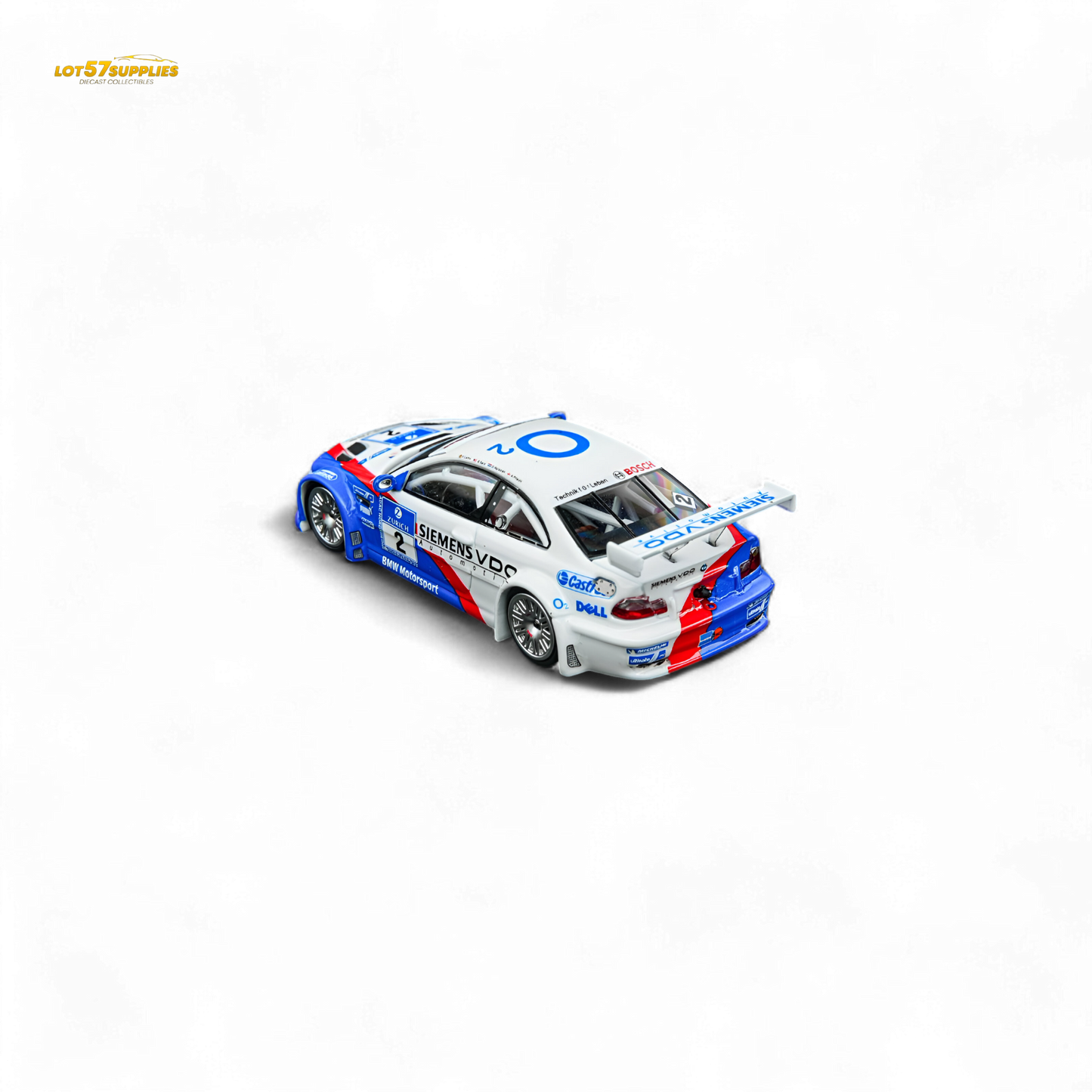 Diecast BMW E46 M3 GTR model by Lot57Supplies, Siemens 2 1:64 scale, detailed silver diecast car for collection or display.
