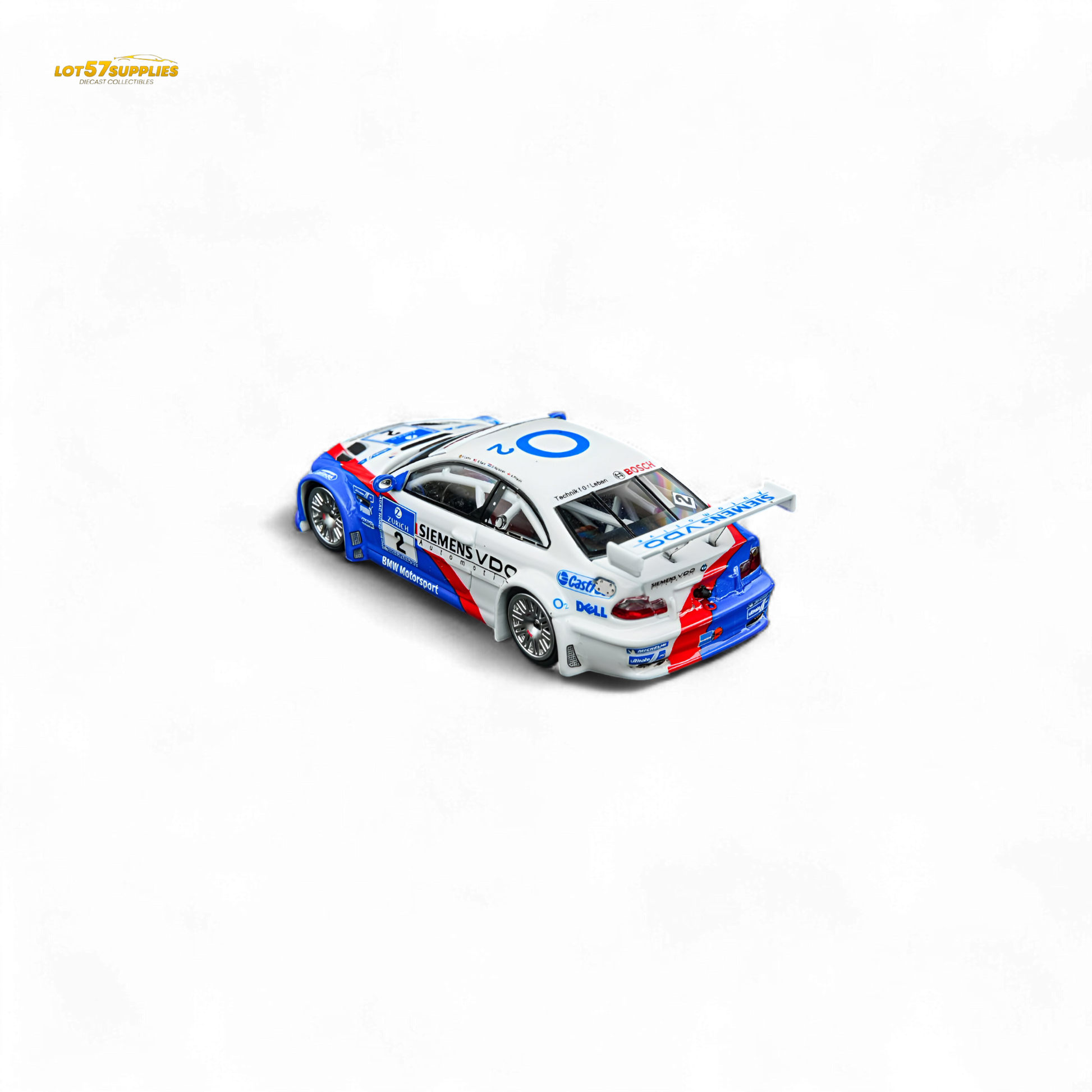 Diecast BMW E46 M3 GTR model by Lot57Supplies, Siemens 2 1:64 scale, detailed silver diecast car for collection or display.