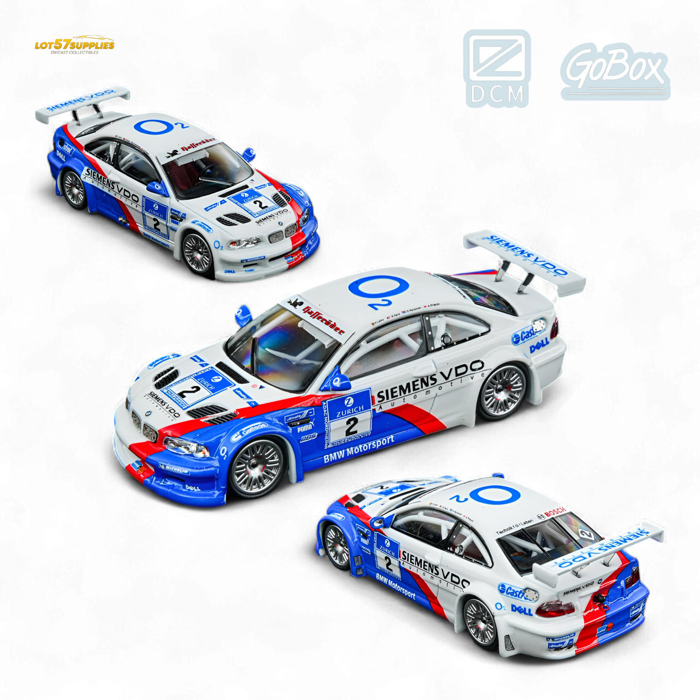 Diecast BMW E46 M3 GTR model by Siemens, 1:64 scale, from DCM & GOBX M3 GTR series, black and silver detailing.