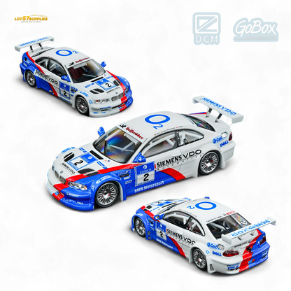 Diecast BMW E46 M3 GTR model by Siemens, 1:64 scale, from DCM & GOBX M3 GTR series, black and silver detailing.