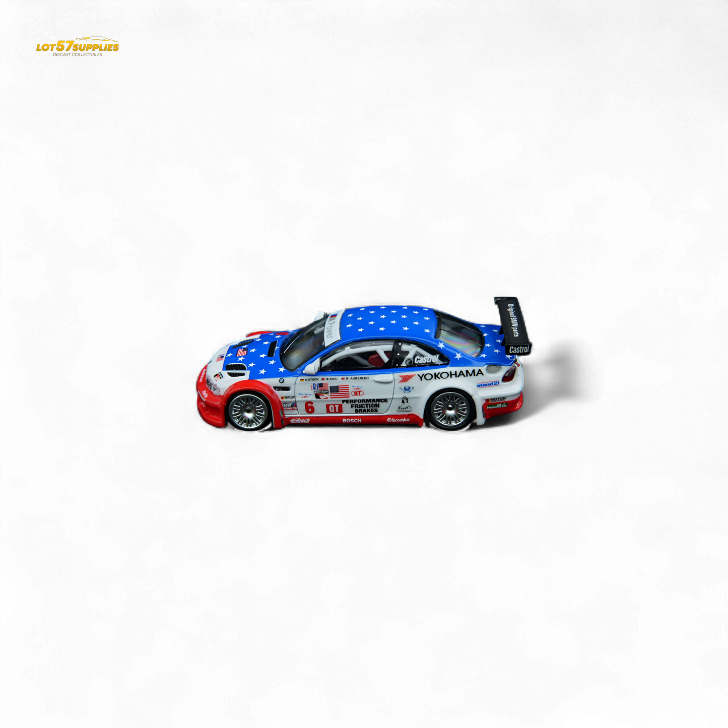 Diecast BMW M3 GTR E46 model in Yokohama livery, 1:64 scale, from Lot57Supplies Diecast Shop, detailed miniature car image.