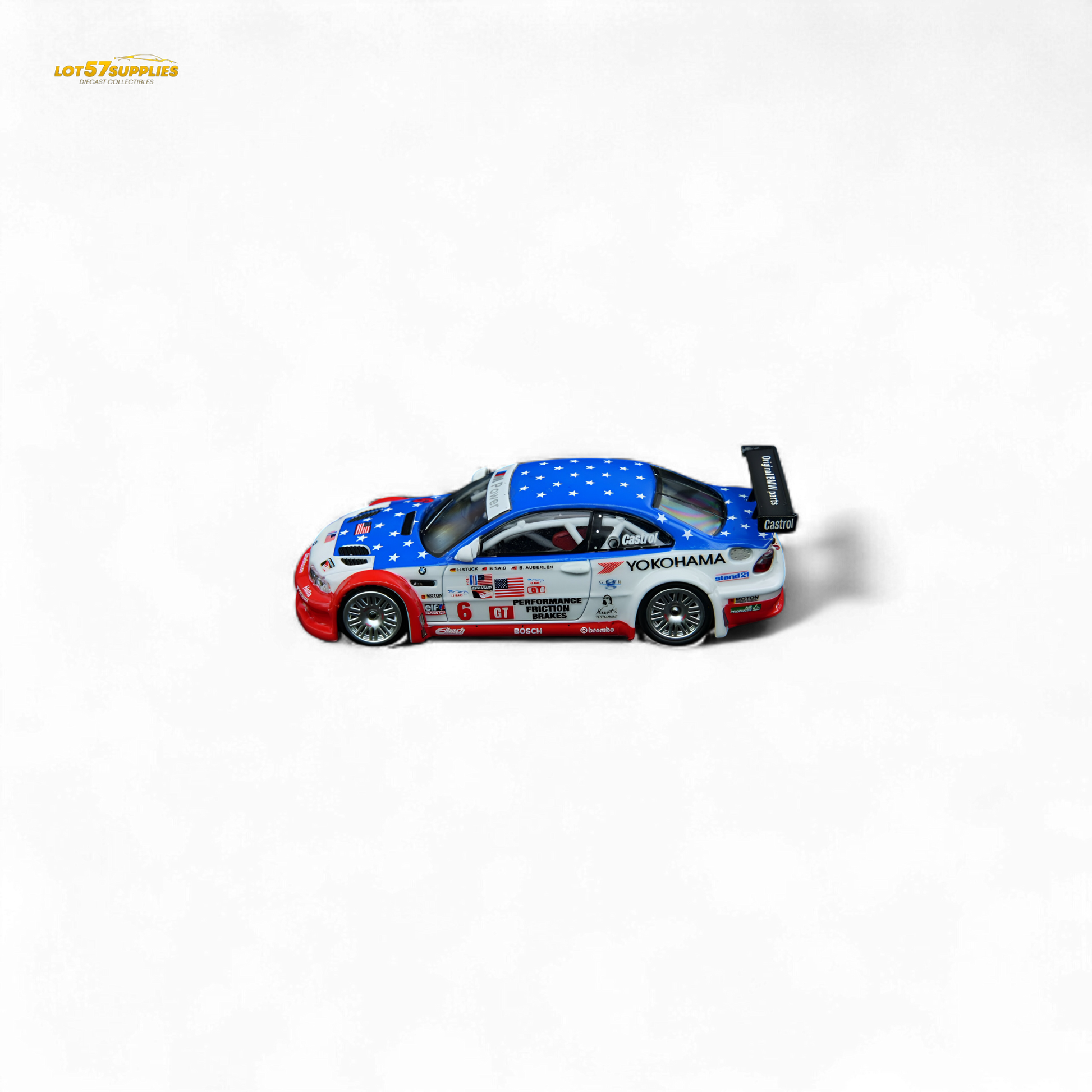 Diecast BMW M3 GTR E46 model in Yokohama livery, 1:64 scale, from Lot57Supplies Diecast Shop, detailed miniature car image.