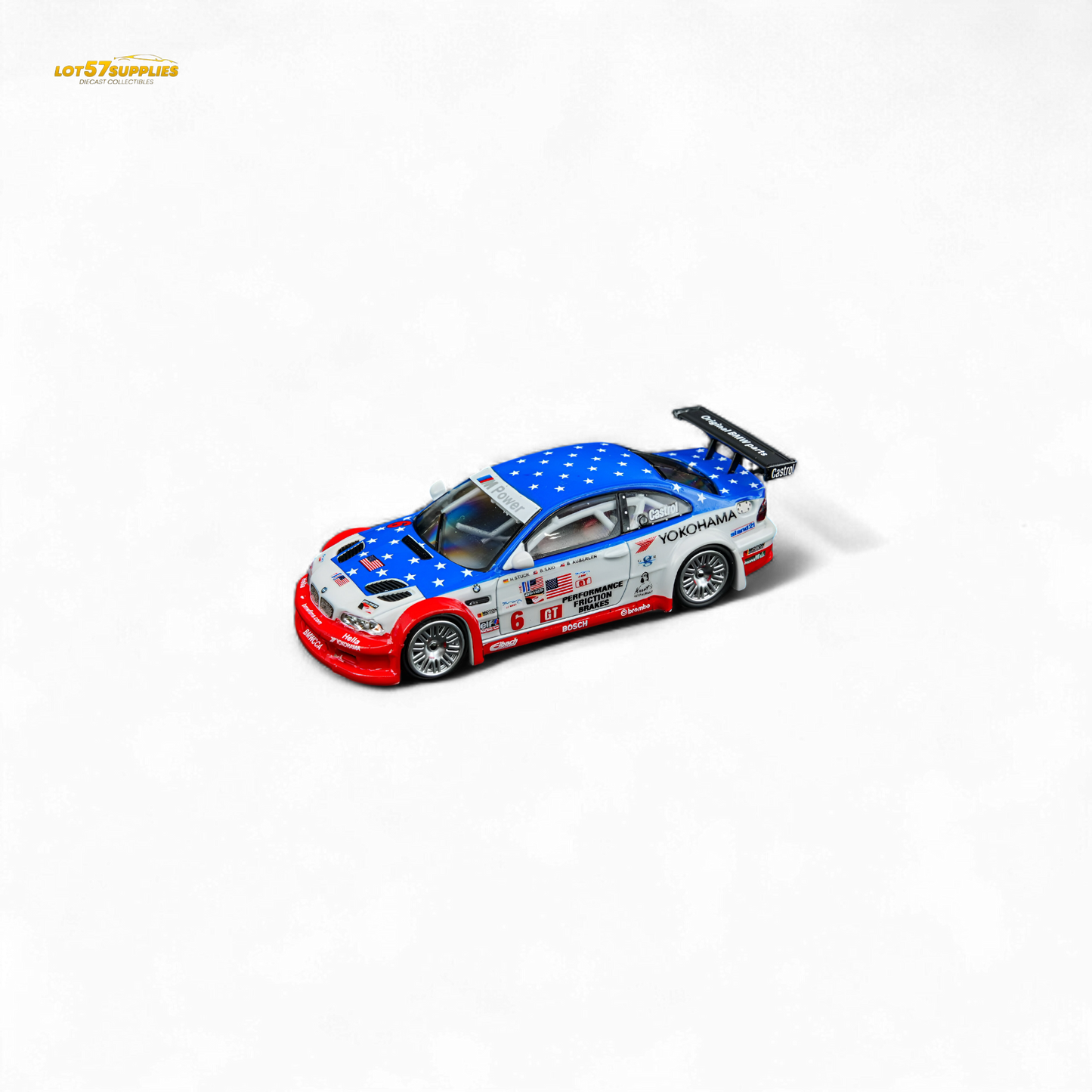 Diecast BMW M3 GTR E46 model in Yokohama livery, 1:64 scale by Lot57Supplies Diecast Shop, detailed miniature car.