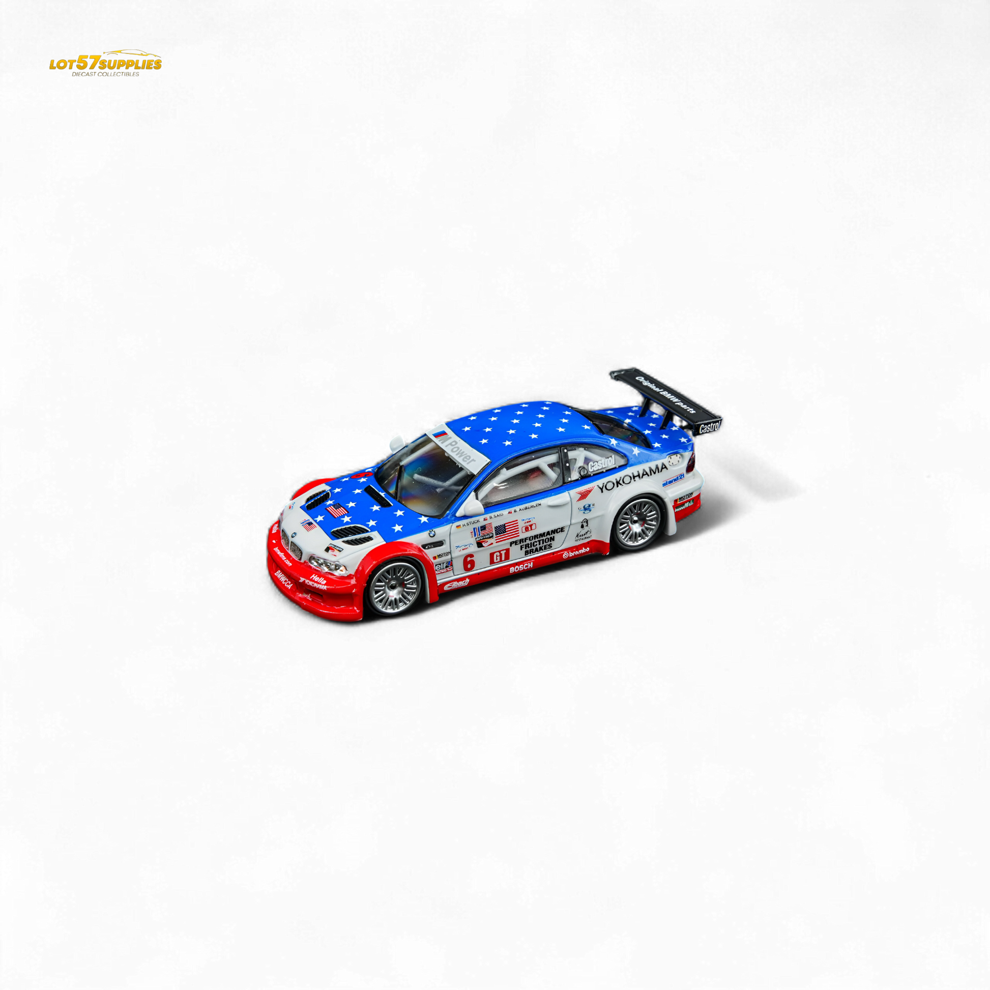 Diecast BMW M3 GTR E46 model in Yokohama livery, 1:64 scale by Lot57Supplies Diecast Shop, detailed miniature car.
