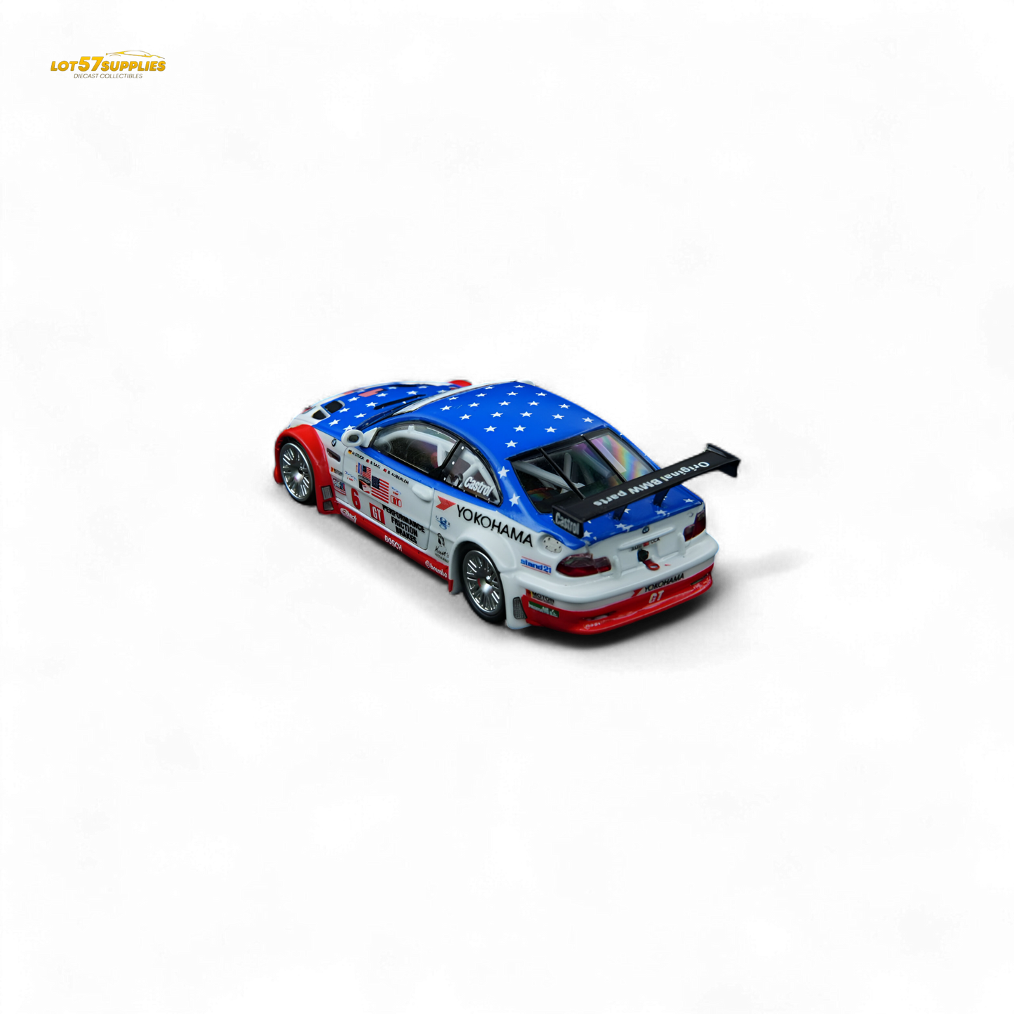 Diecast BMW M3 GTR E46 model by Lot57Supplies, featuring Yokohama tires, in 1:64 scale, detailed miniature car for collectors.