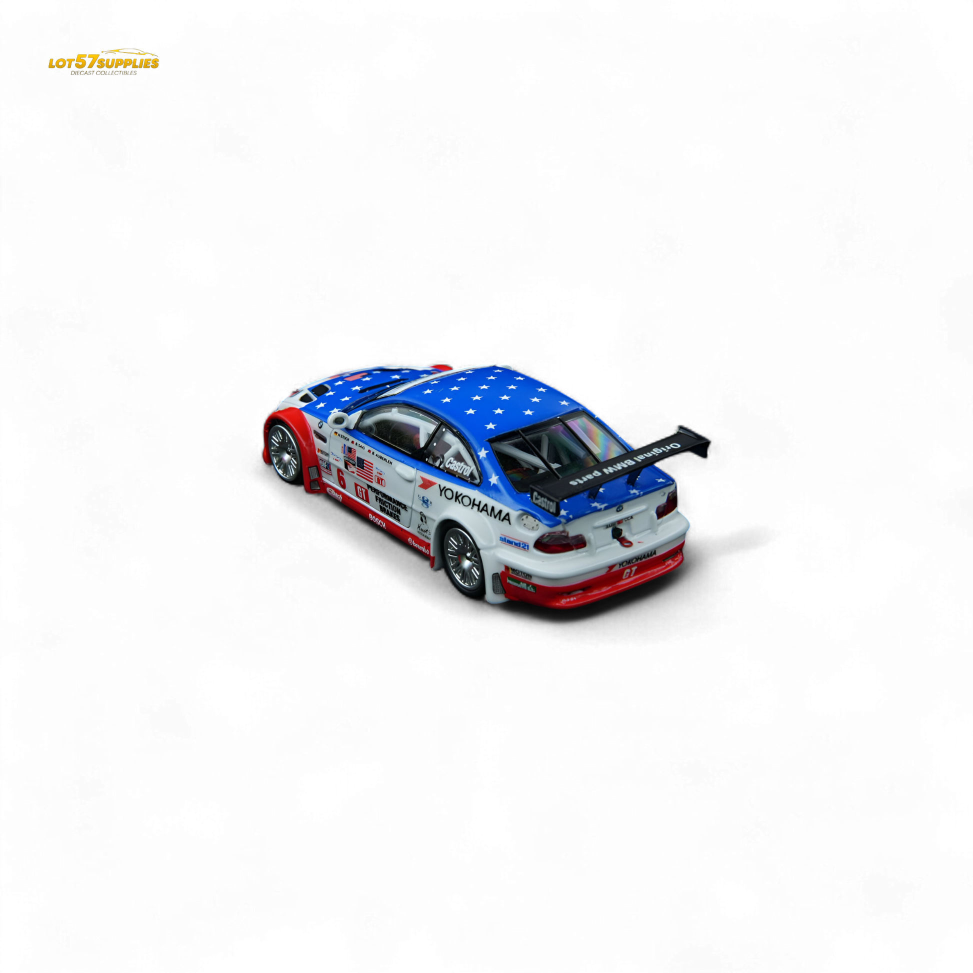 Diecast BMW M3 GTR E46 model by Lot57Supplies, featuring Yokohama tires, in 1:64 scale, detailed miniature car for collectors.