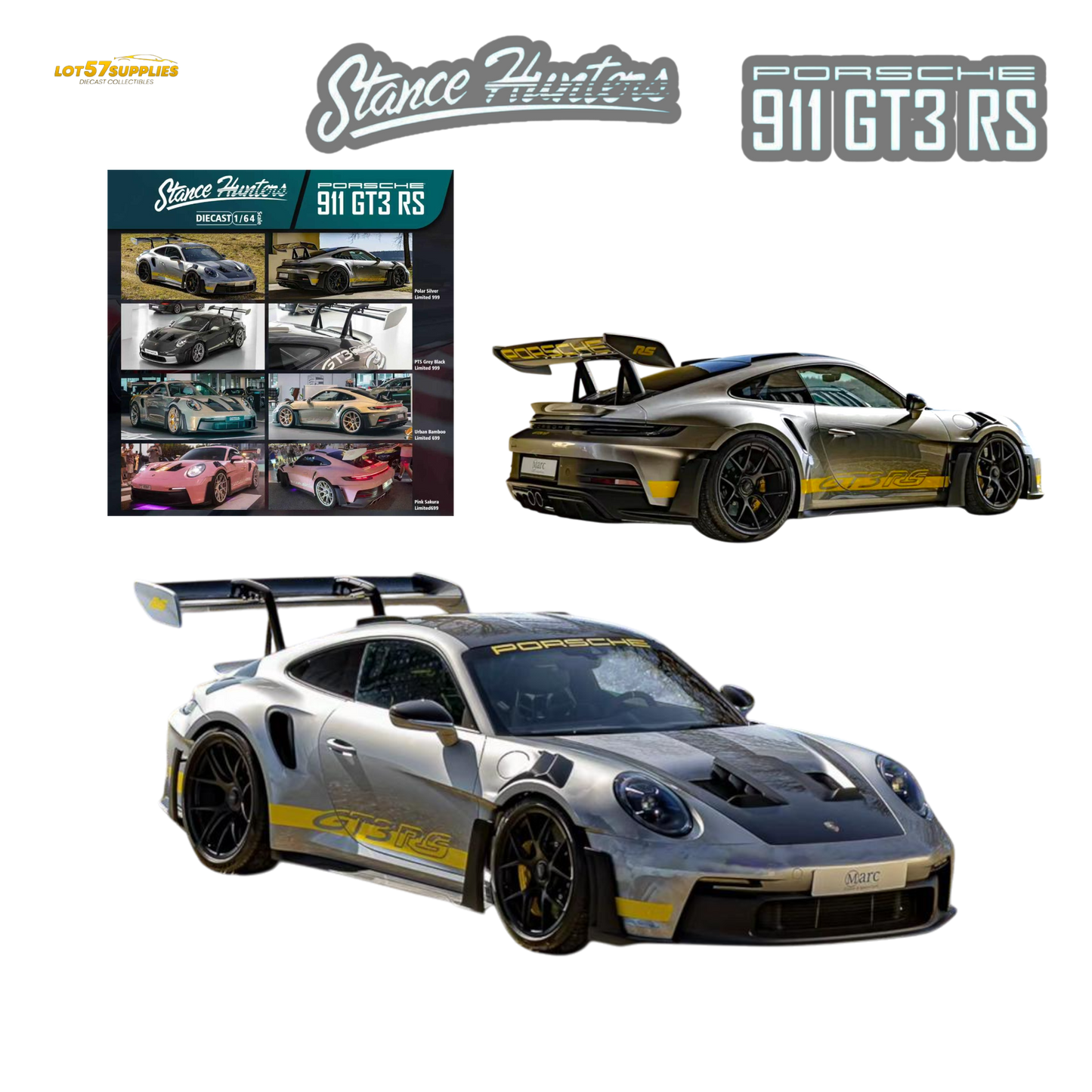 Pre-order Stance Hunters Porsche 911 GT3 RS 1:64 diecast model in polar silver, showcasing detailed exterior and sporty design.