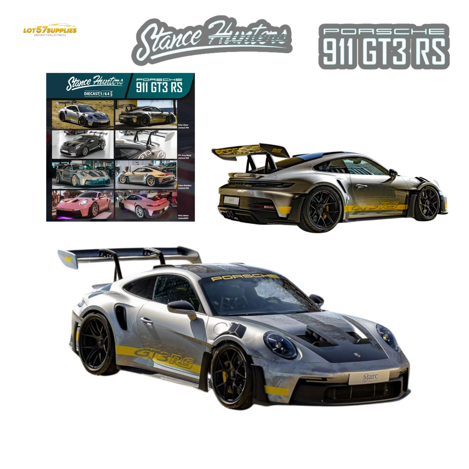 Pre-order Stance Hunters Porsche 911 GT3 RS 1:64 diecast model in polar silver, showcasing detailed exterior and sporty design.