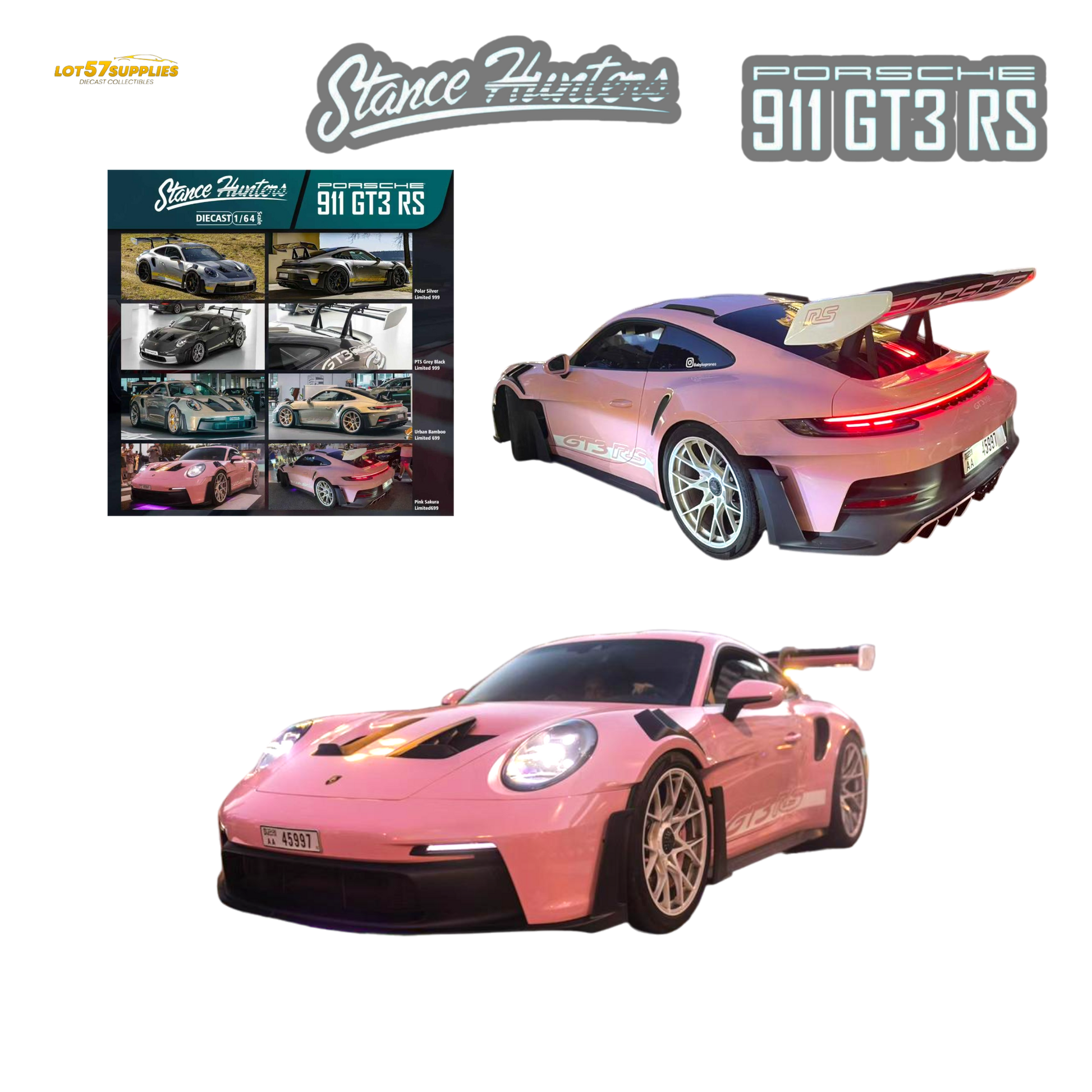 Pink Sakura Porsche 911 GT3 RS 1:64 diecast model from Stance Hunters, detailed miniature car with realistic features