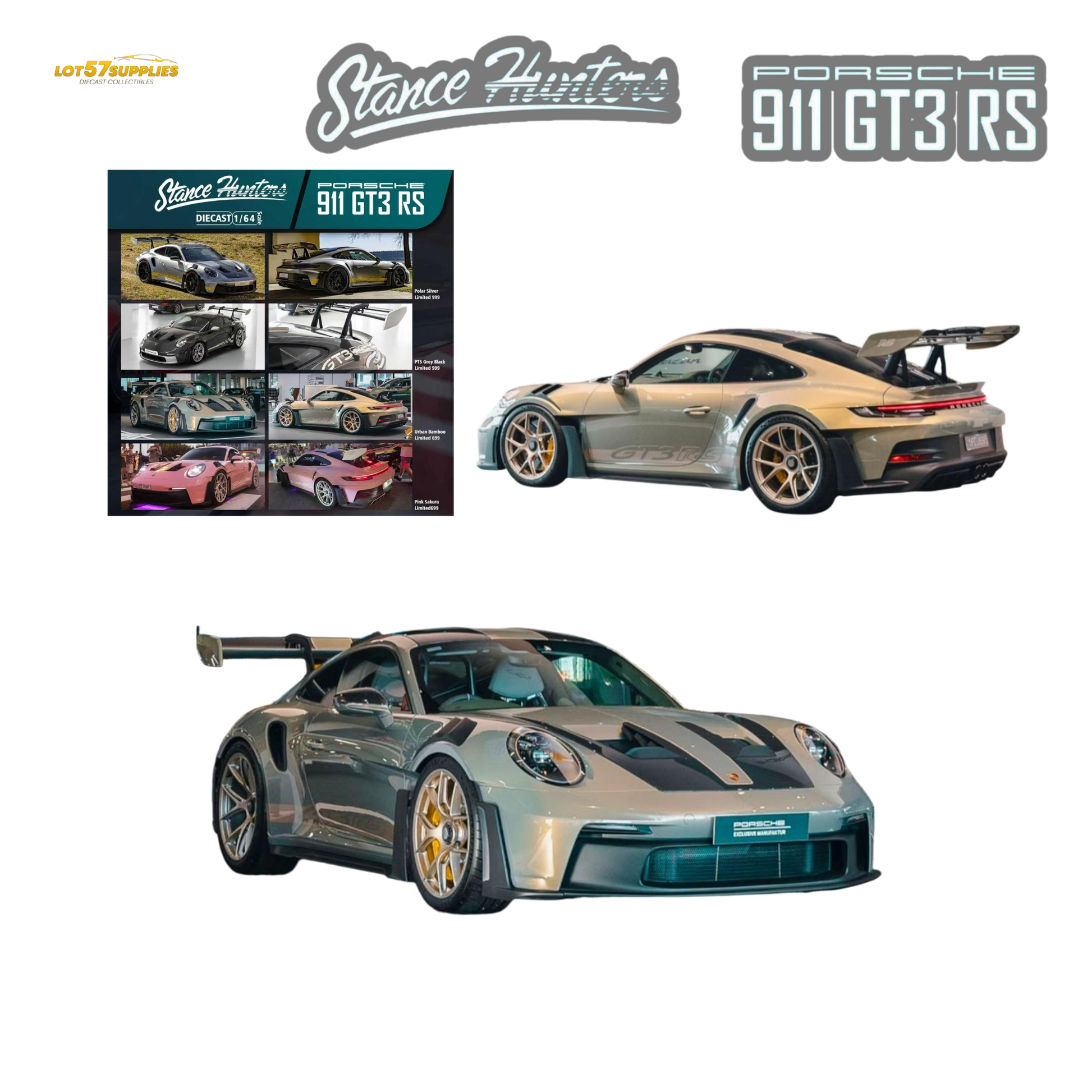 Pre-order Stance Hunters Porsche 911 GT3 RS 992 diecast model in Urban Bamboo, detailed 1:64 scale toy car.