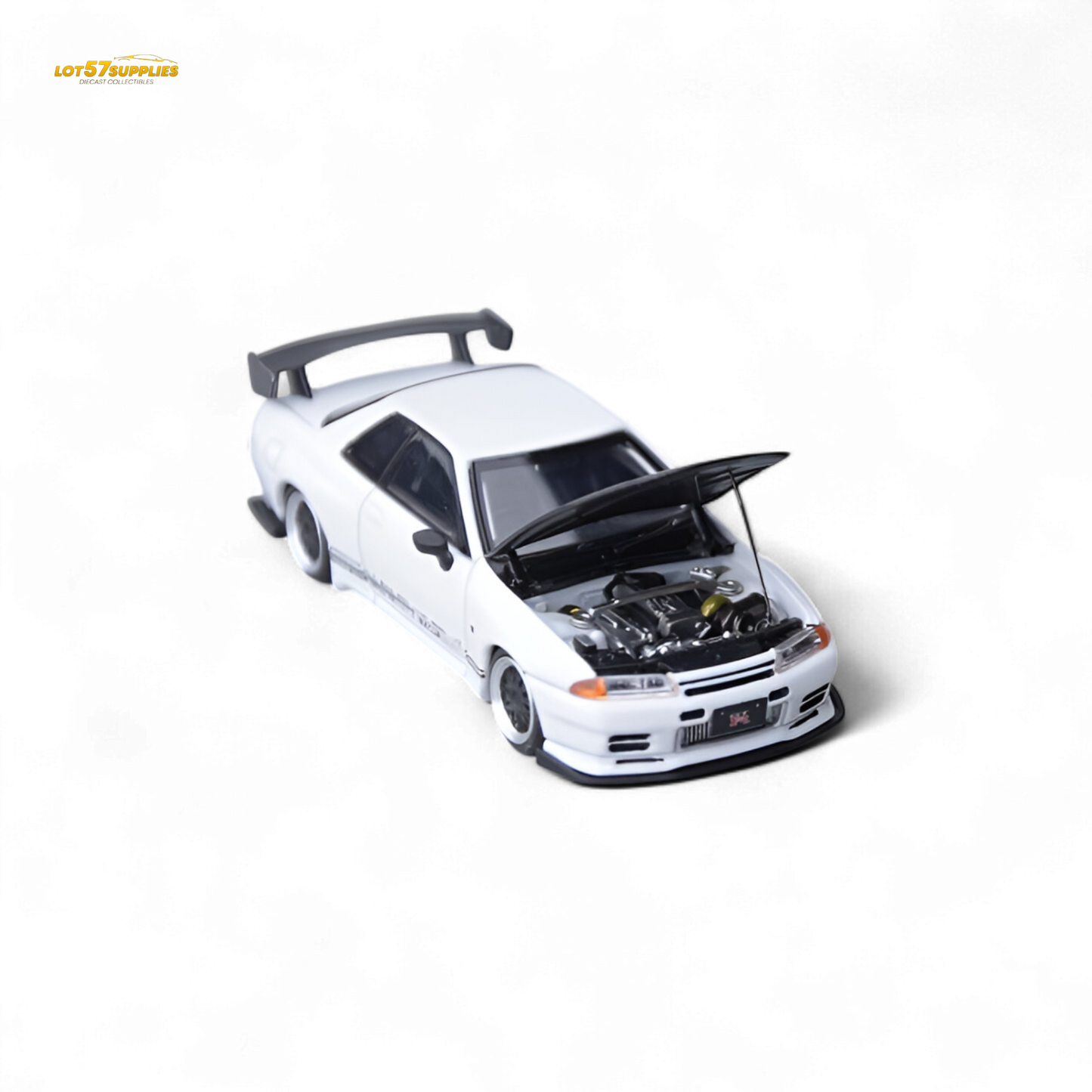 White Nissan GT-R R32 diecast model, Horizon Skyline GT-R R32 Top Secret modified, 1:64 scale, detailed miniature car.