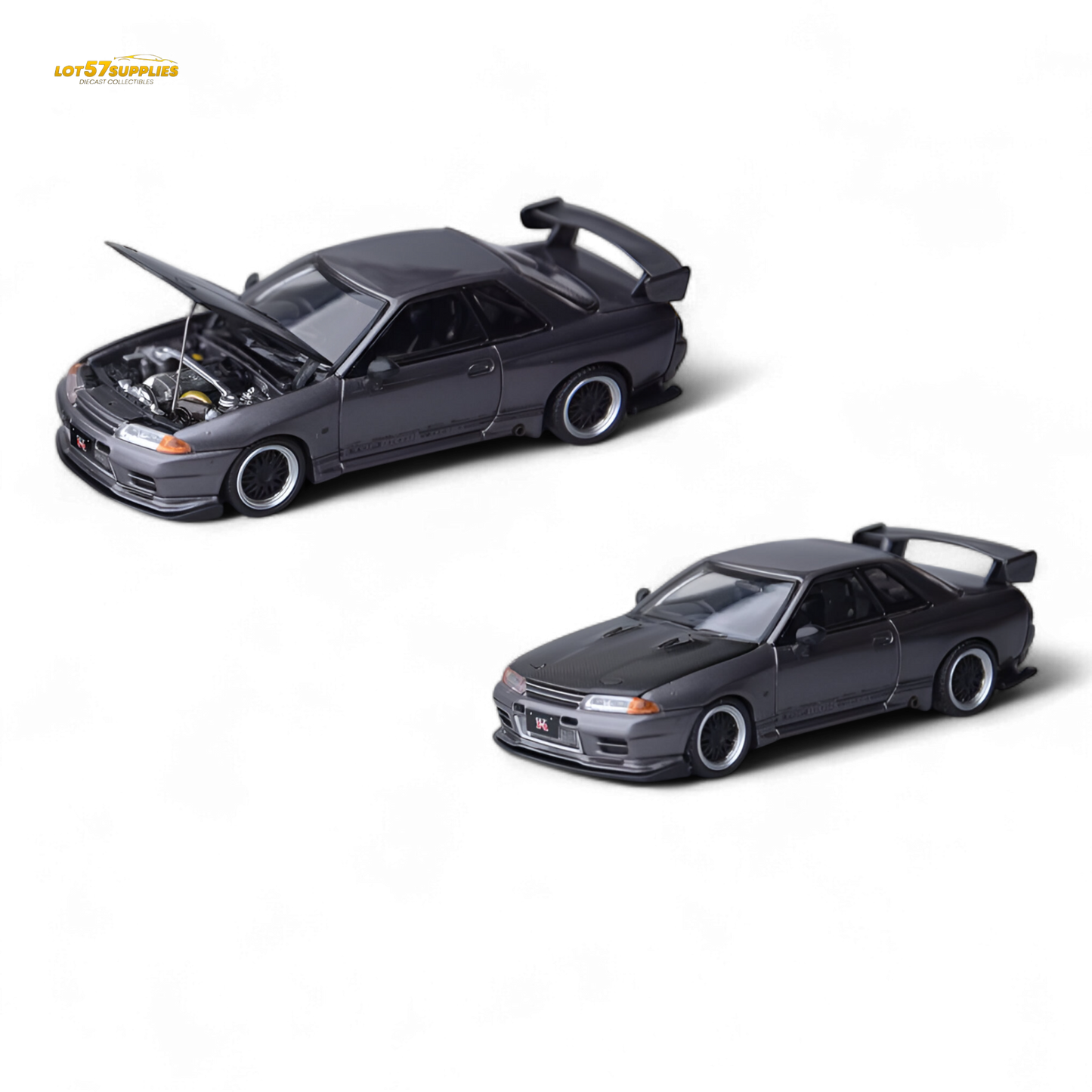 Gray Focal Horizon Skyline GT-R R32 diecast model by Lot57Supplies, showcasing detailed Top Secret modifications in a 1:64 scale.