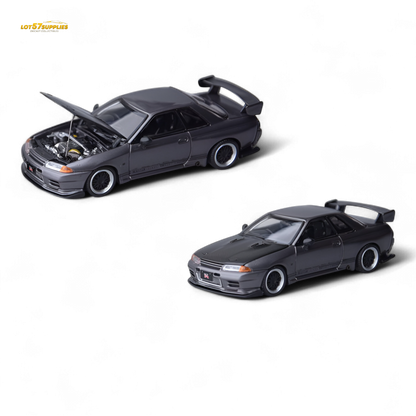 Gray Focal Horizon Skyline GT-R R32 diecast model by Lot57Supplies, showcasing detailed Top Secret modifications in a 1:64 scale.