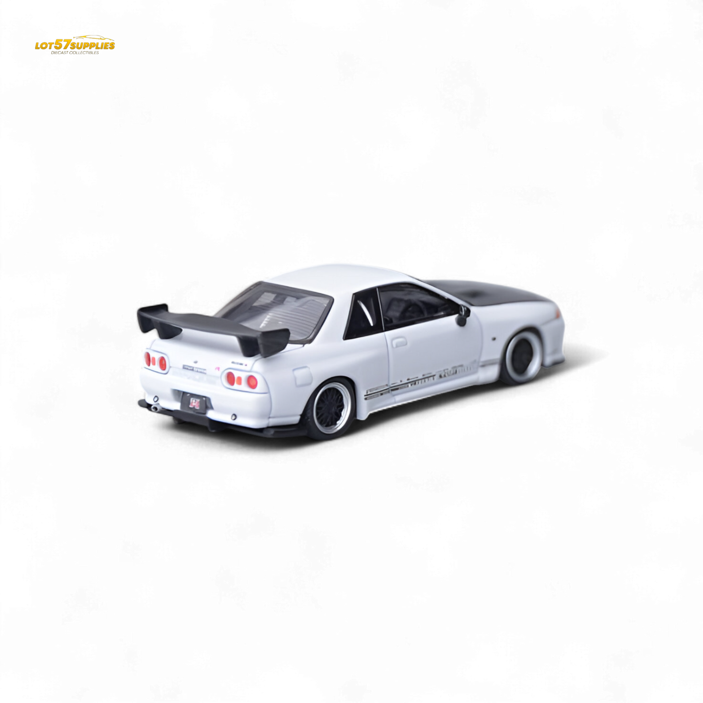 White Nissan Skyline GT-R R32 diecast model featuring Top Secret modifications, 1:64 scale from Lot57Supplies Diecast Shop.