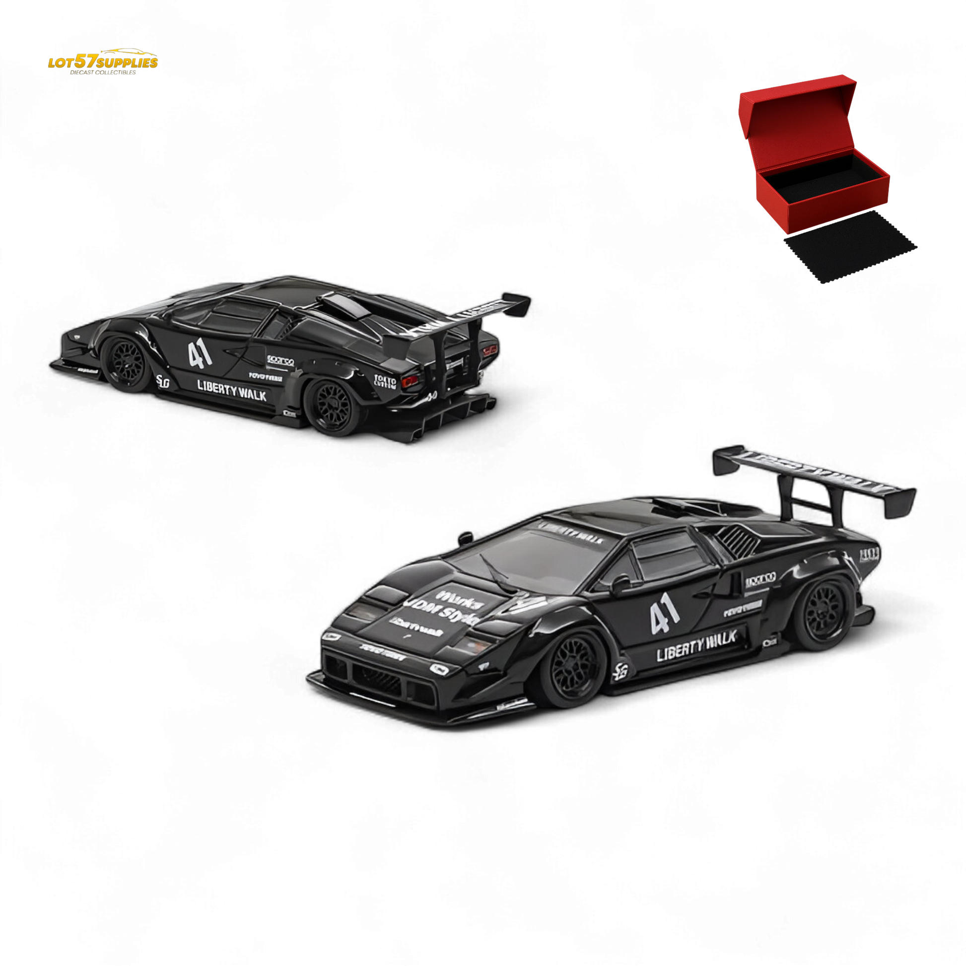 Black Lamborghini Countach diecast model by Vision64, luxury version in 1:64 scale, detailed miniature car from Lot57Supplies Diecast Shop