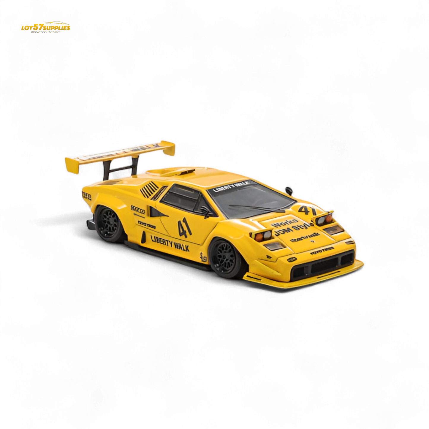 Yellow Lamborghini Countach diecast model by Lot57Supplies in 1:64 scale, showcasing detailed luxury Lamborghini design.