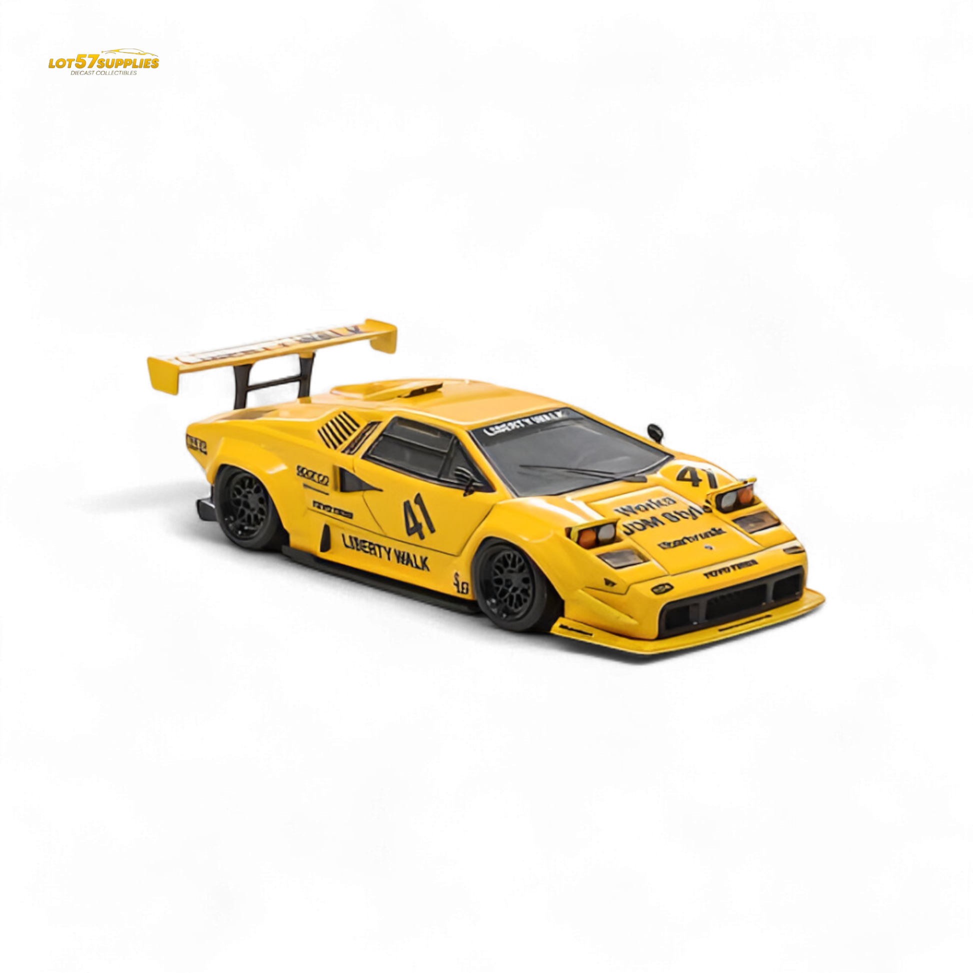 Yellow Lamborghini Countach diecast model by Lot57Supplies in 1:64 scale, showcasing detailed luxury Lamborghini design.