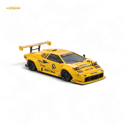Yellow Lamborghini Countach diecast model by Lot57Supplies in 1:64 scale, showcasing detailed luxury Lamborghini design.