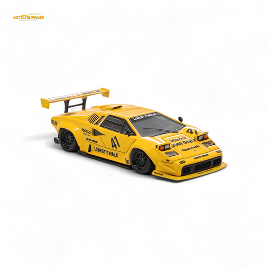 Yellow Lamborghini Countach diecast model by Lot57Supplies in 1:64 scale, showcasing detailed luxury Lamborghini design.
