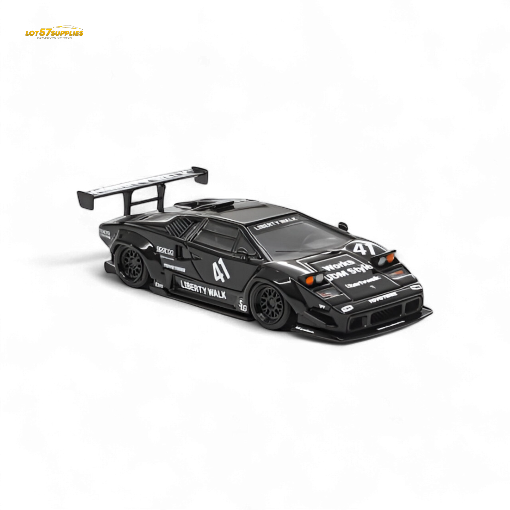Black Lamborghini Countach luxury diecast model in 1:64 scale by Lot57Supplies Diecast Shop, detailed view of the collectible car.