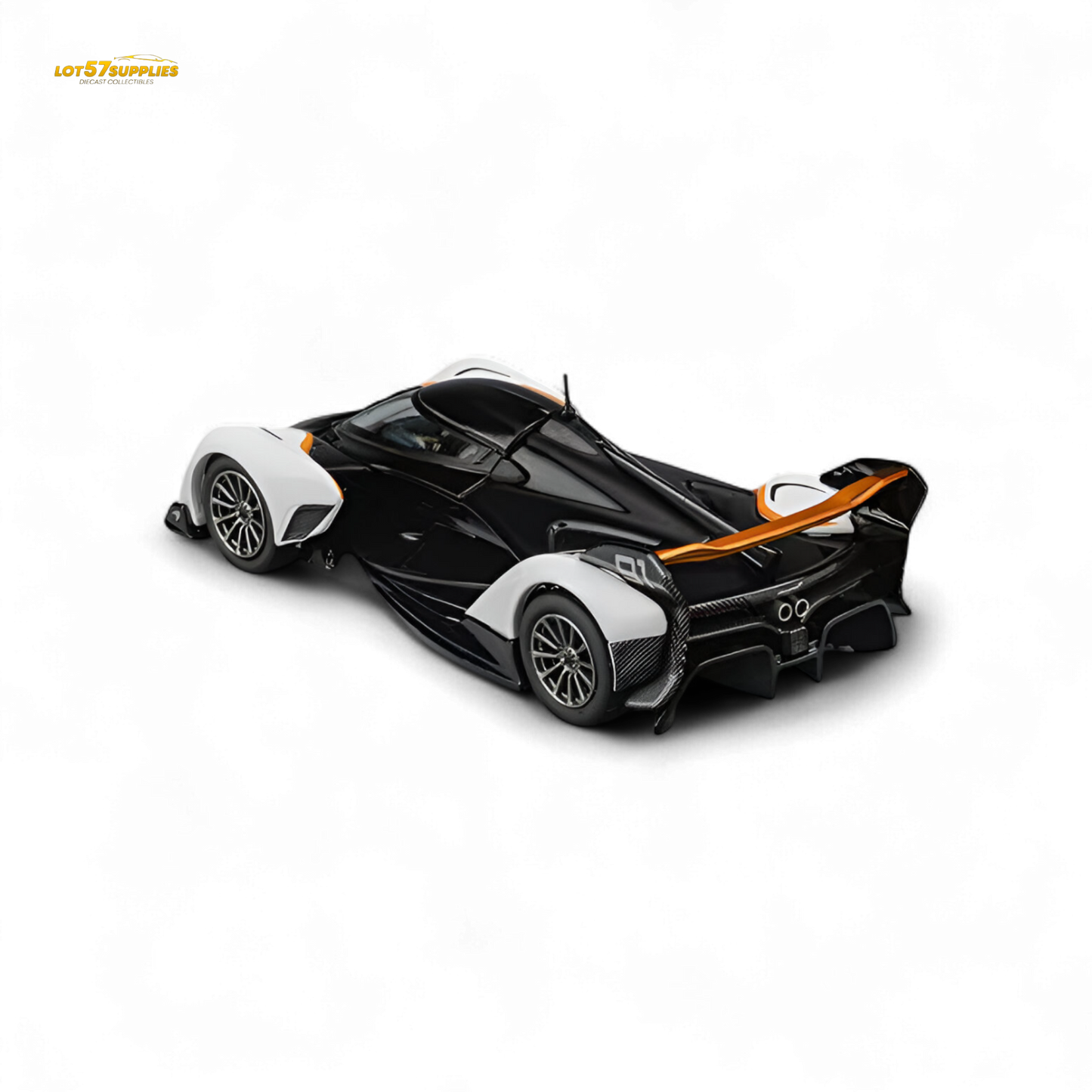 Black and white CM Model McLaren Solus GT diecast car in 1:64 scale, detailed miniature sports car, crafted by Lot57Supplies Diecast Shop.
