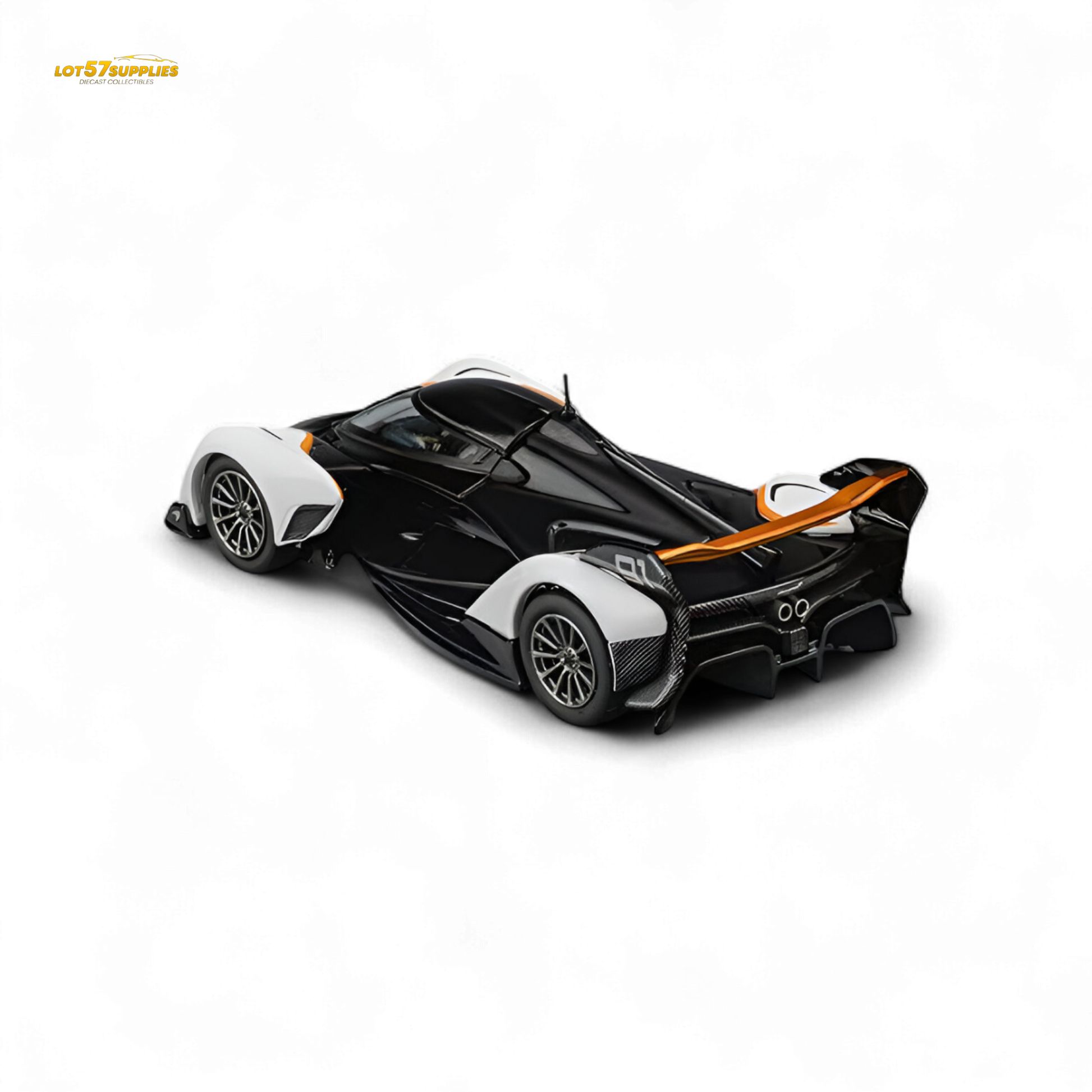 Black and white CM Model McLaren Solus GT diecast car in 1:64 scale, detailed miniature sports car, crafted by Lot57Supplies Diecast Shop.