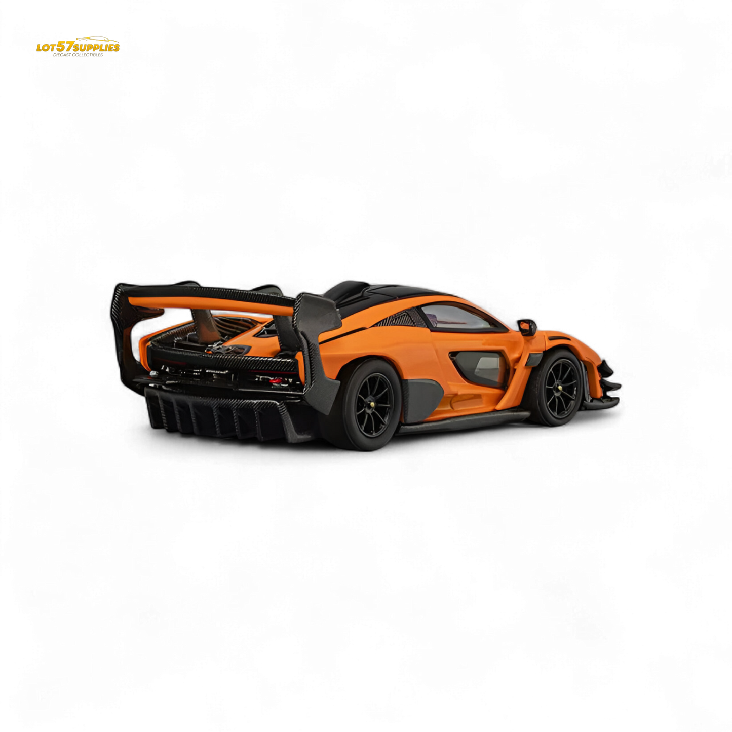 Diecast McLaren Senna GTR model in papaya orange, 1:64 scale by Lot57Supplies, showing detailed exterior and racing design.