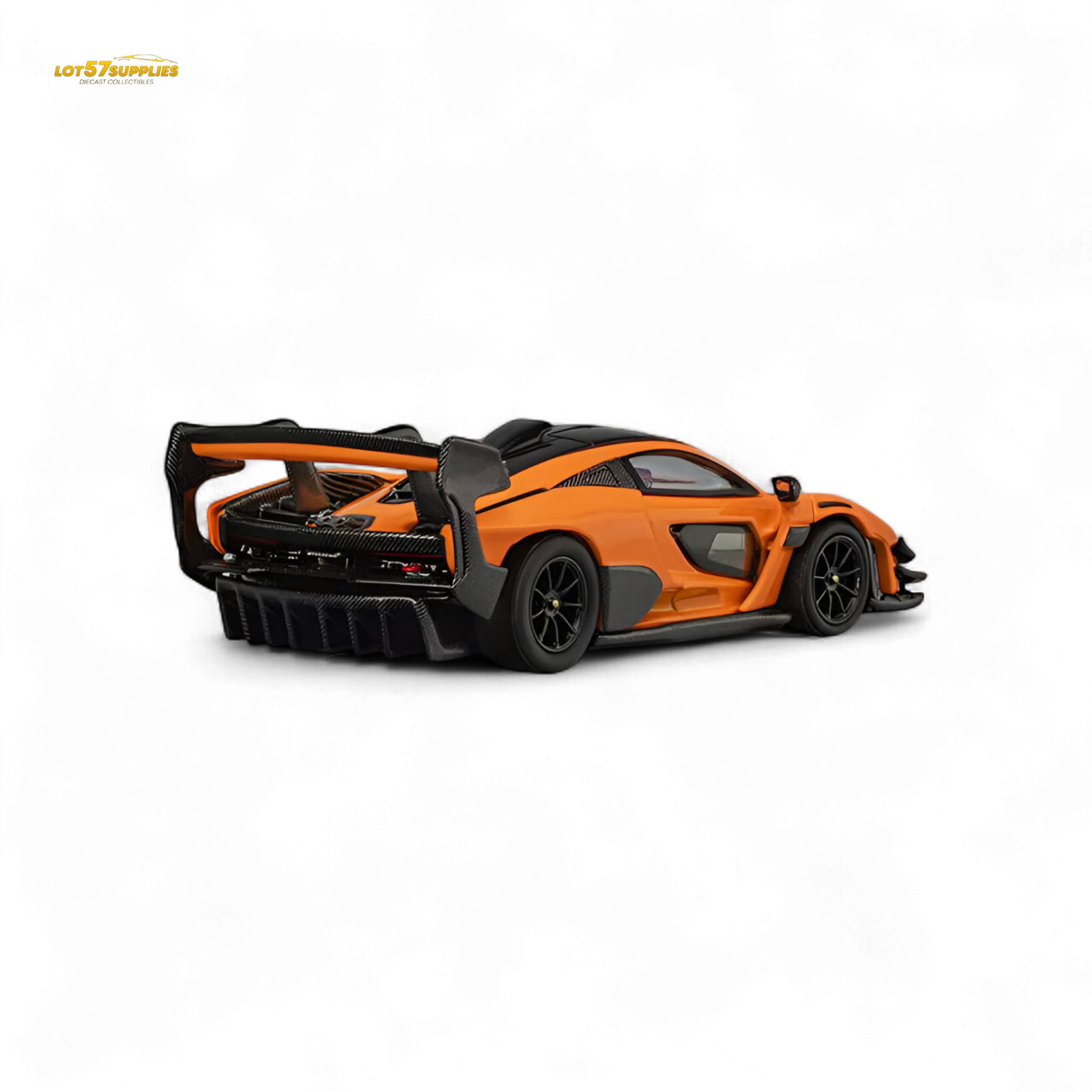 Diecast McLaren Senna GTR model in papaya orange, 1:64 scale by Lot57Supplies, showing detailed exterior and racing design.