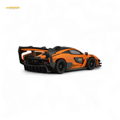 Diecast McLaren Senna GTR model in papaya orange, 1:64 scale by Lot57Supplies, showing detailed exterior and racing design.