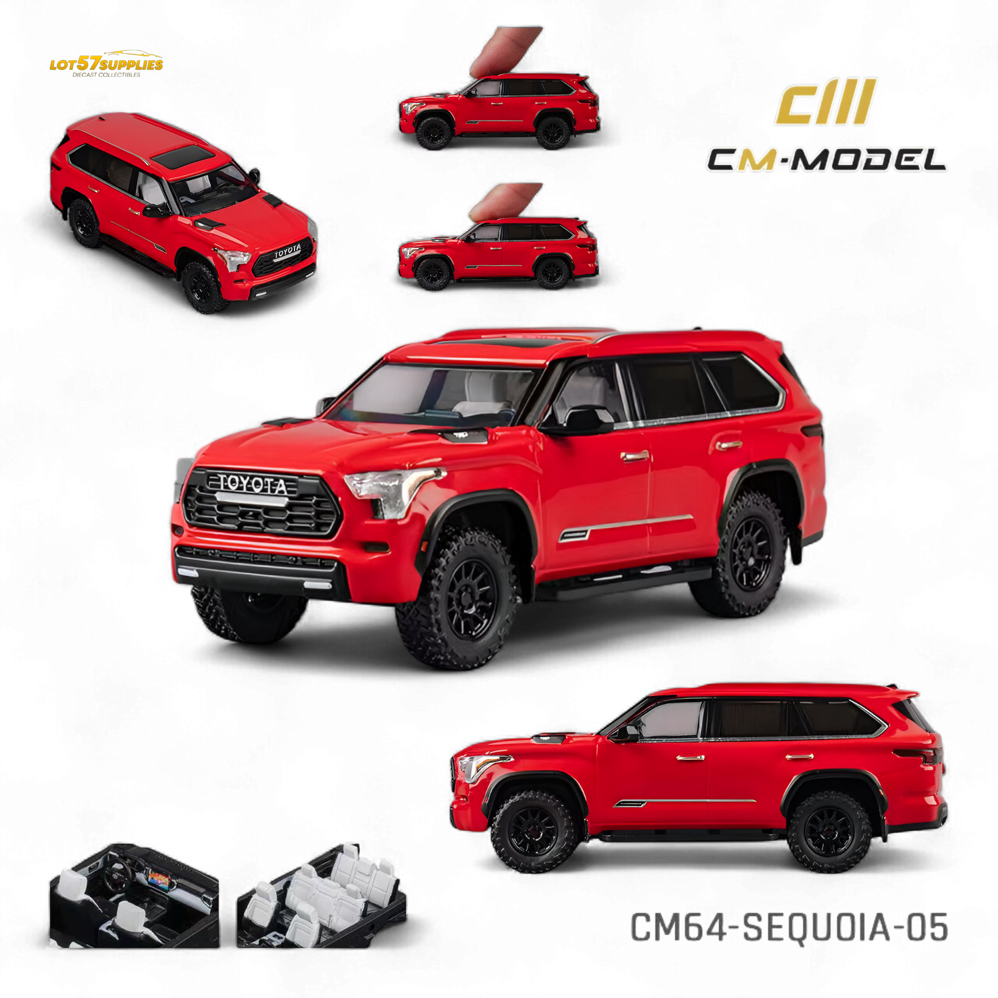 Red 1:64 scale Toyota Sequoia diecast model by Lot57Supplies, detailed miniature replica for collectors.