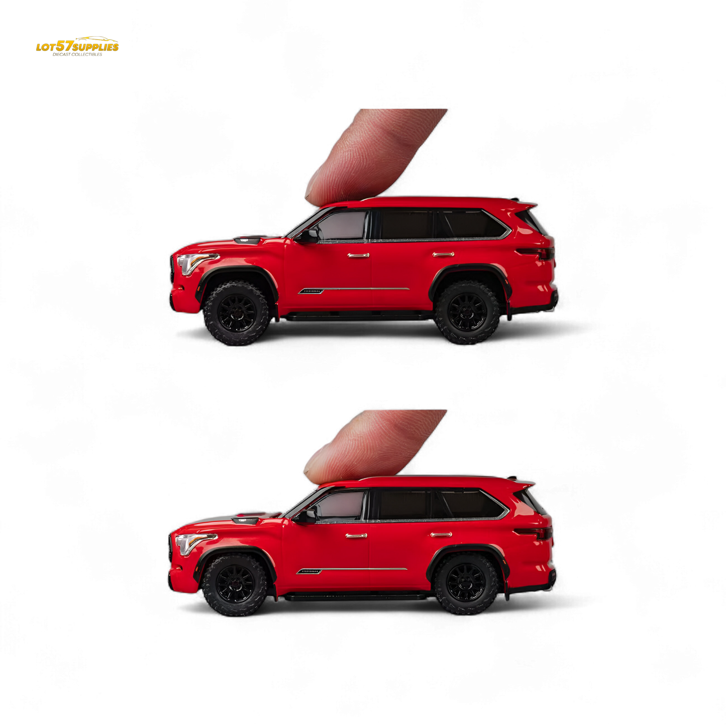 Red 1:64 scale Toyota Sequoia diecast model by Lot57Supplies, detailed miniature vehicle for collectors and enthusiasts.
