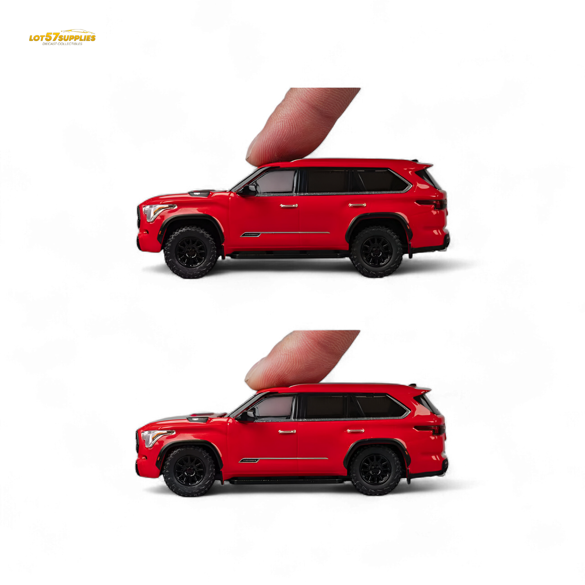 Red 1:64 scale Toyota Sequoia diecast model by Lot57Supplies, detailed miniature vehicle for collectors and enthusiasts.