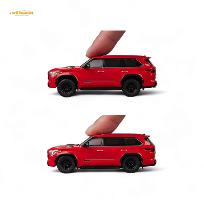 Red 1:64 scale Toyota Sequoia diecast model by Lot57Supplies, detailed miniature vehicle for collectors and enthusiasts.
