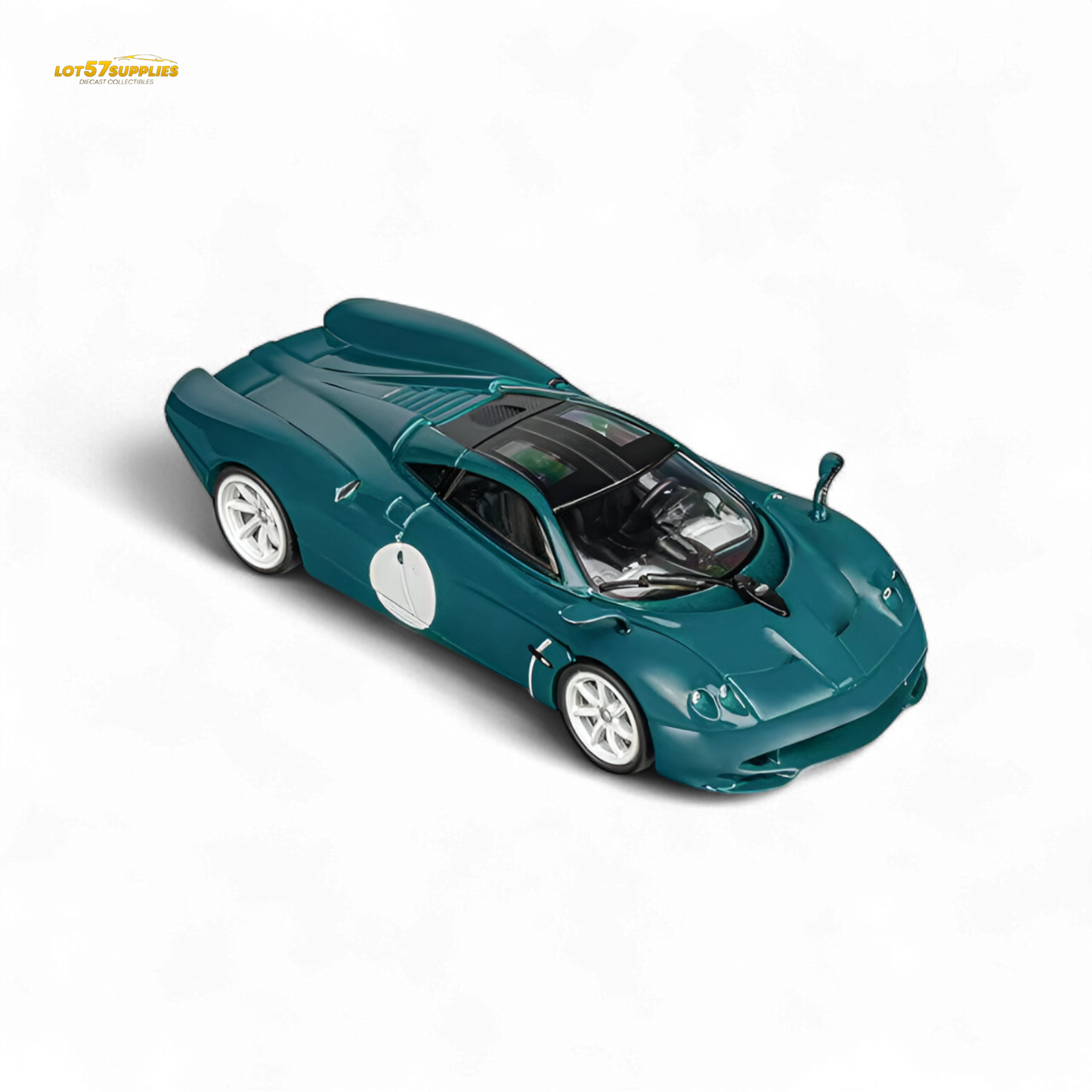 Green Pagani Codalunga diecast model in 1:64 scale by Lot57Supplies Diecast Shop, detailed front view of the collectible car.