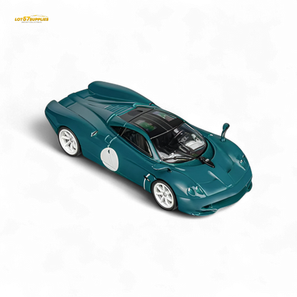 Green Pagani Codalunga diecast model in 1:64 scale by Lot57Supplies Diecast Shop, detailed front view of the collectible car.