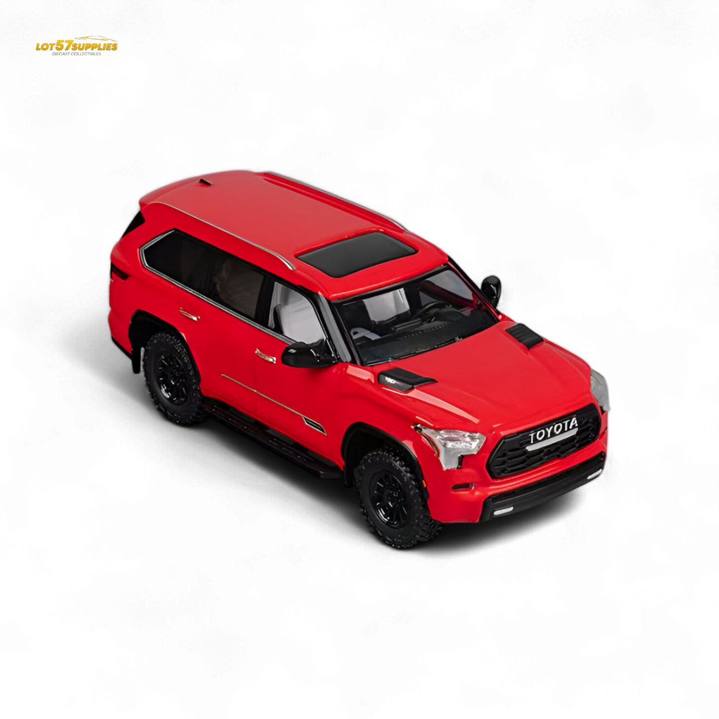 Red Toyota Sequoia diecast model in 1:64 scale, featuring detailed exterior and realistic design from Lot57Supplies Diecast Shop.