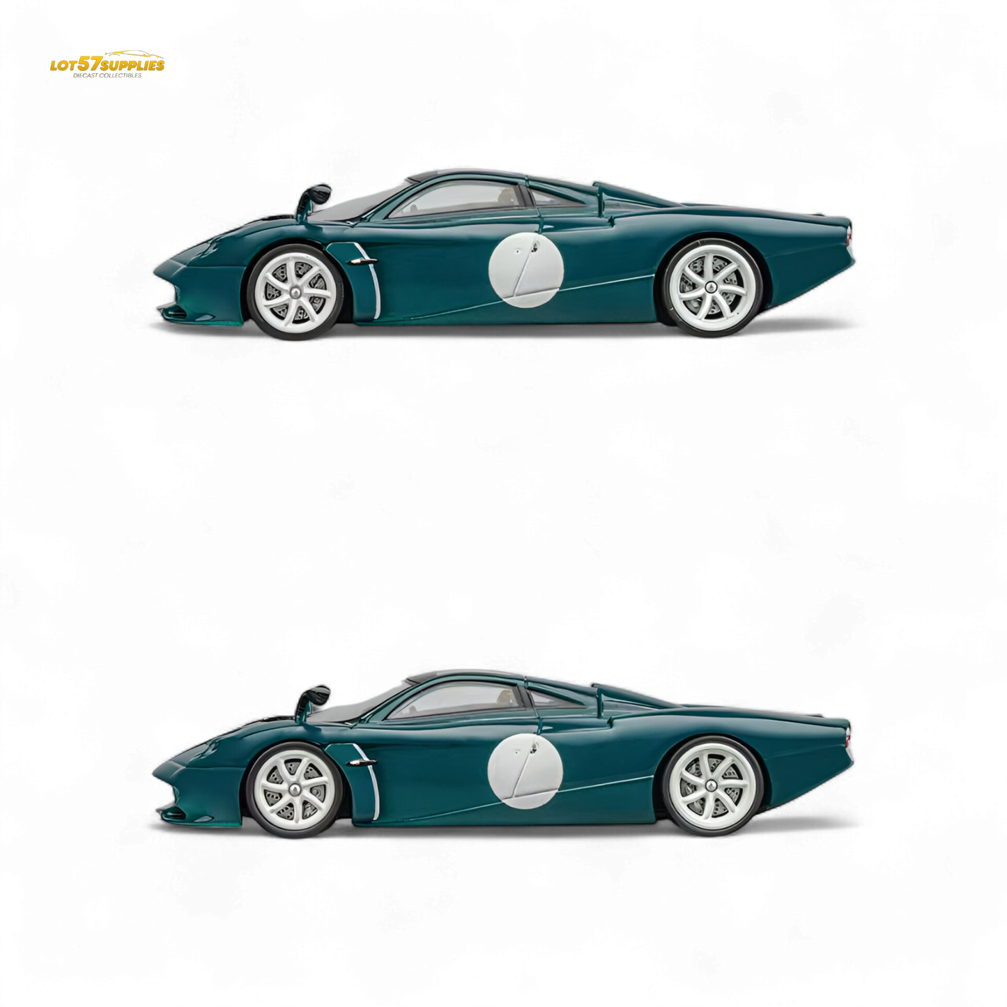 Green 1:64 scale Pagani Codalunga diecast model by Lot57Supplies, detailed view of the collectible car.