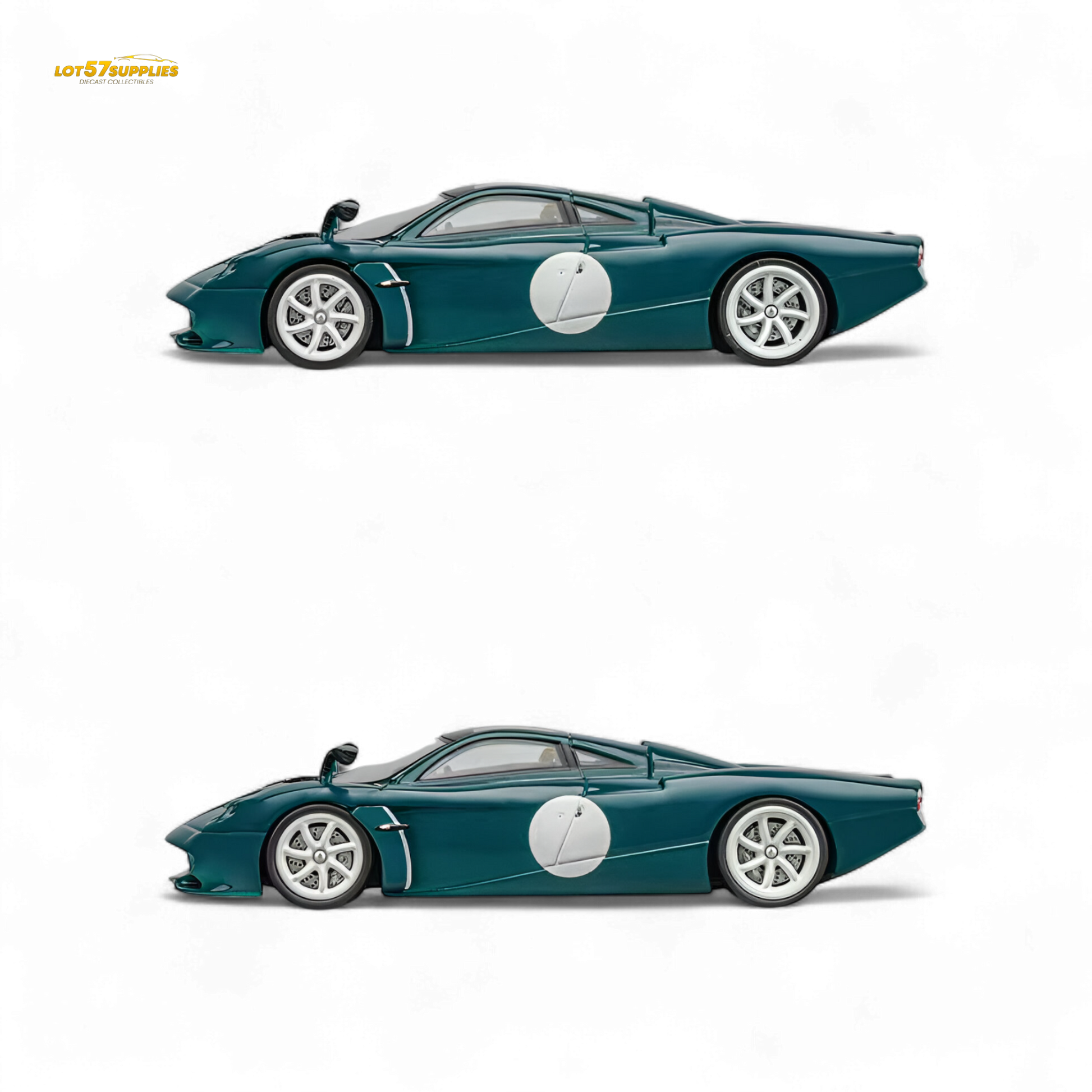Green 1:64 scale Pagani Codalunga diecast model by Lot57Supplies, detailed view of the collectible car.