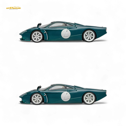Green 1:64 scale Pagani Codalunga diecast model by Lot57Supplies, detailed view of the collectible car.