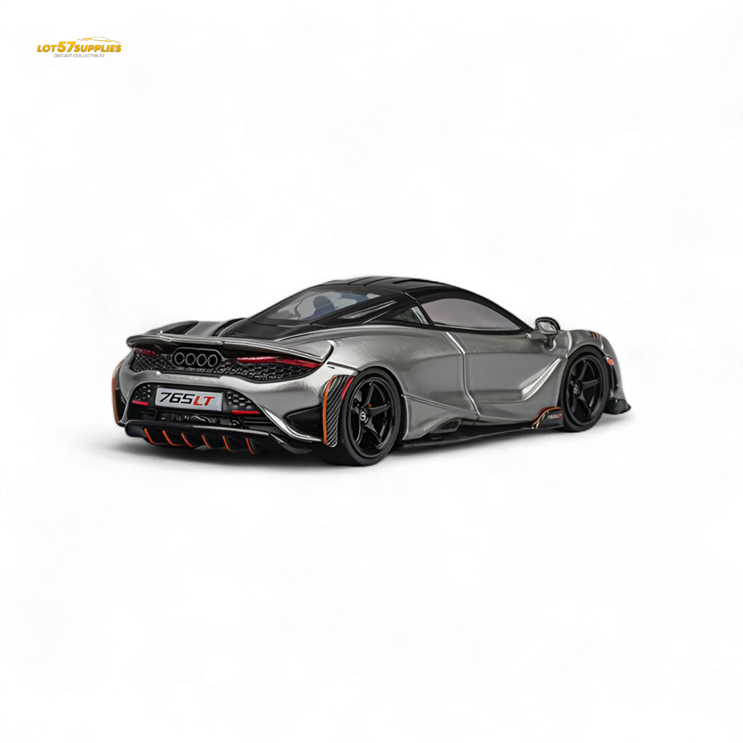 Silver gray 1:64 scale McLaren 765LT diecast model by Lot57Supplies, detailed view of the collectible sports car.