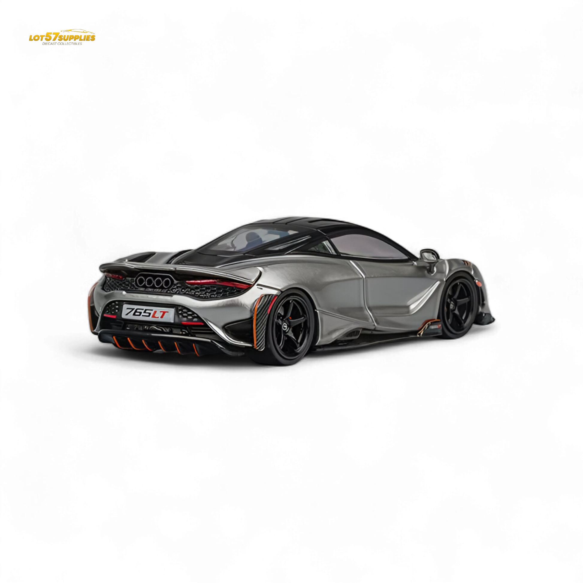Silver gray 1:64 scale McLaren 765LT diecast model by Lot57Supplies, detailed view of the collectible sports car.