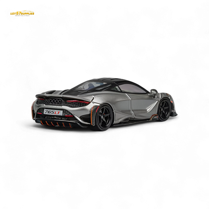 Silver gray 1:64 scale McLaren 765LT diecast model by Lot57Supplies, detailed view of the collectible sports car.