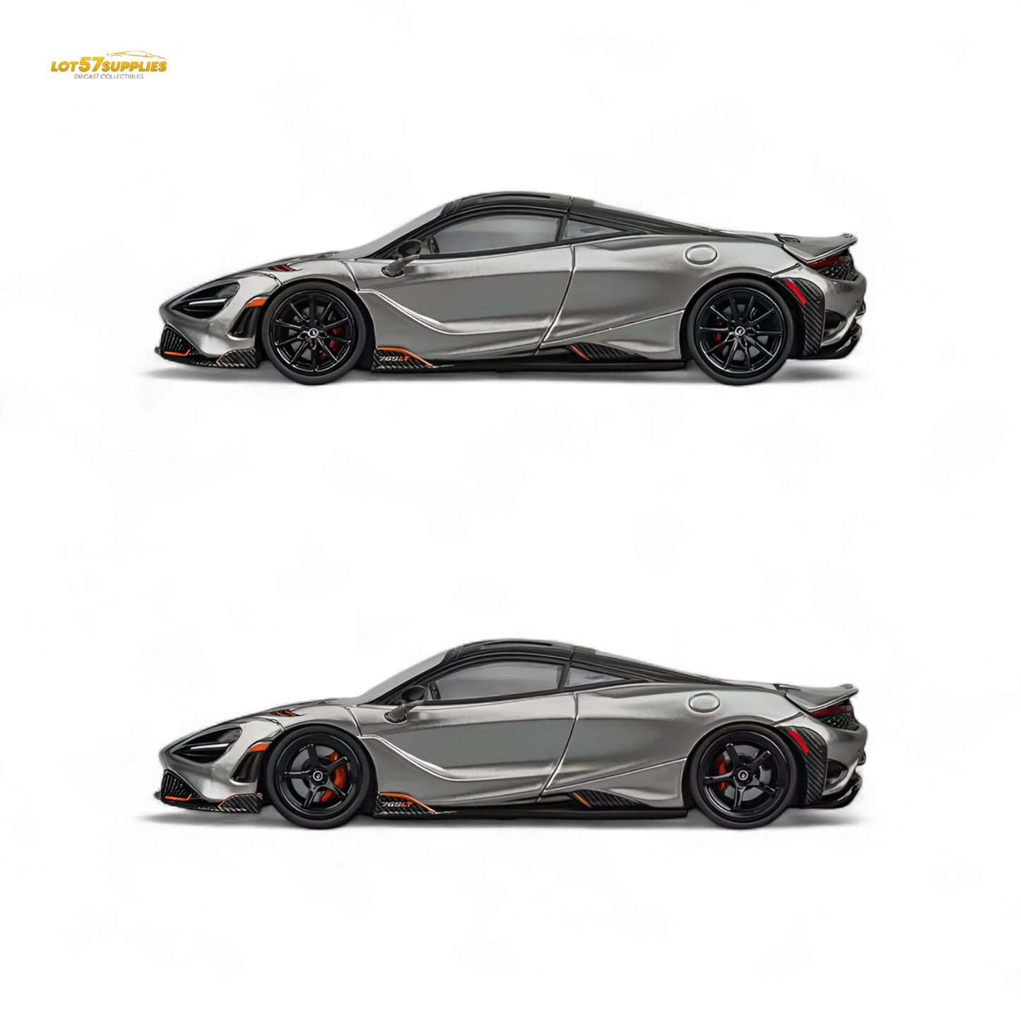 Silver gray McLaren 765LT diecast model in 1:64 scale, detailed miniature car from Lot57Supplies Diecast Shop.