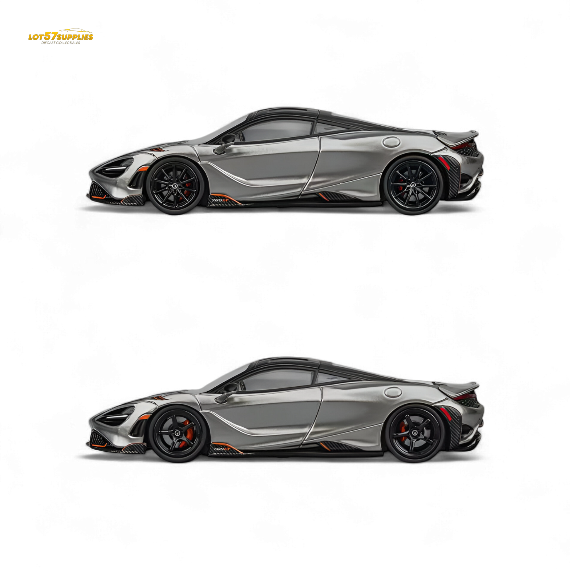 Silver gray McLaren 765LT diecast model in 1:64 scale, detailed miniature car from Lot57Supplies Diecast Shop.