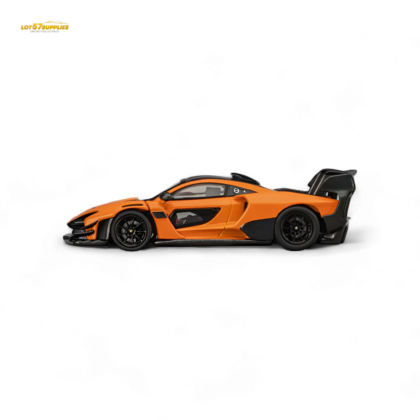Diecast McLaren Senna GTR model in Papaya Orange, 1:64 scale by Lot57Supplies, showing detailed design and vibrant color.